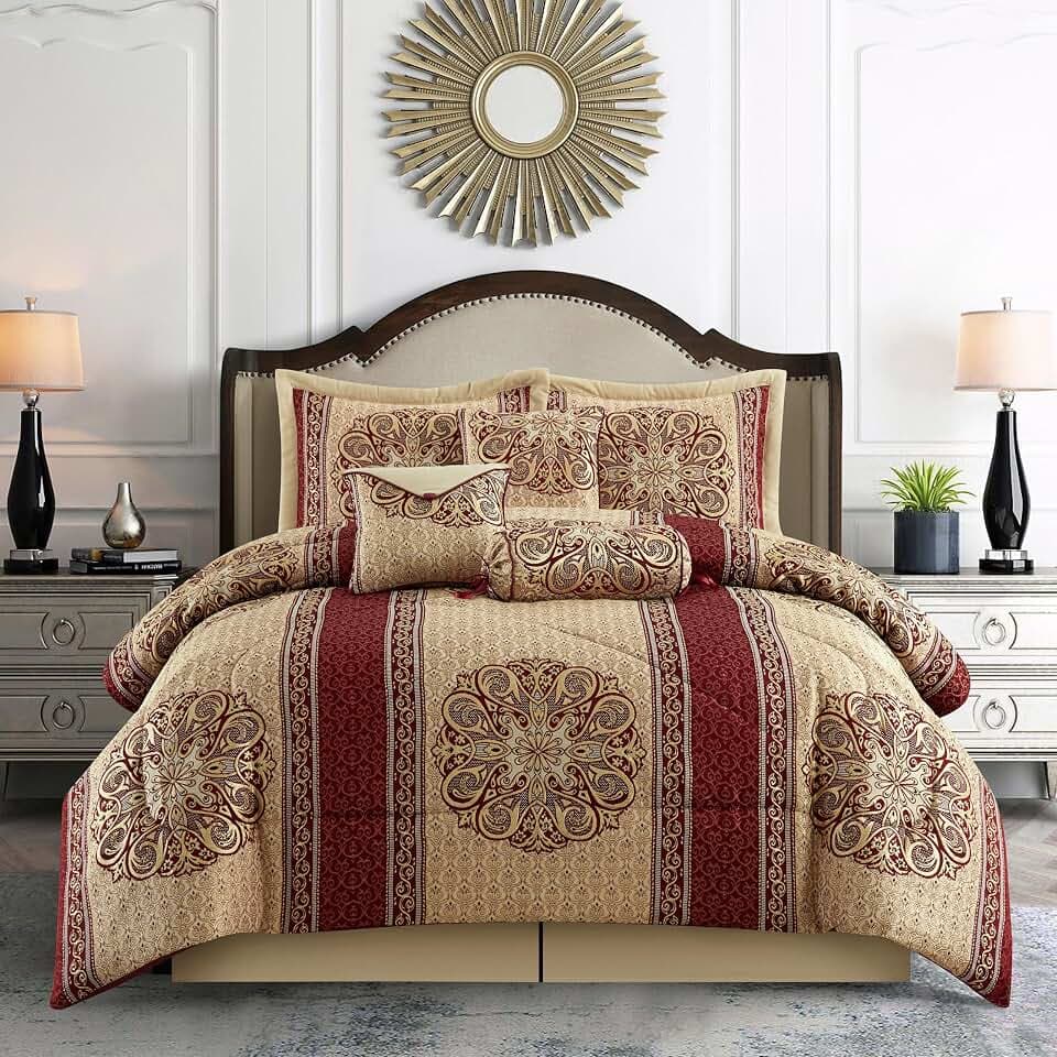 Stratford Park Gold/Wine Cal King Comforter Set, 7 Piece, Burgundy Bedding Comforters & Sets, Pillow Shams Bedskirt, All Season