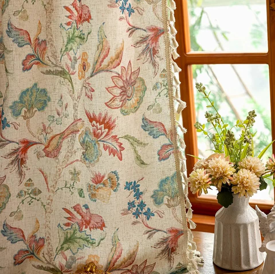 Boho Jacobean Curtains for Living Room 84 Inch Length Colorful Watercolor Bohemian Floral Pattern Linen Window Curtain Panels with Tassel Farmhouse Shabby Chic Drapes Set of 2 W50 x L84 Blue Red