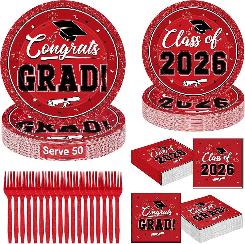 QZYL 200Pcs Graduation Supplies Set 2026, Red Graduation Plates, Napkins, Dessert Plates and Plastic Forks for 50 Guests, Grad Party Disposable Tableware for Wedding, Birthday, Graduation