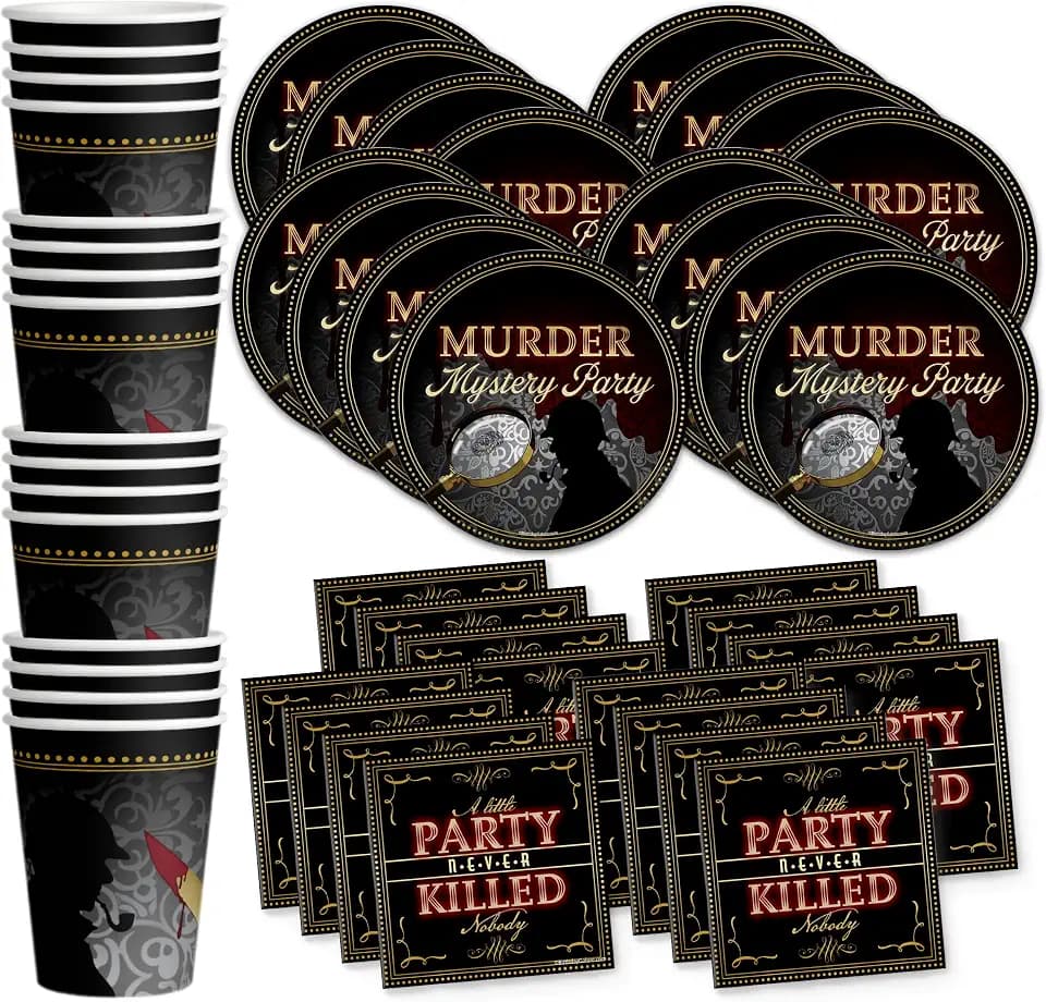 Murder Mystery Themed Party Supplies - Adult Birthday Supplies - Tableware Set Includes Plates Napkins Cups - Kit for 16