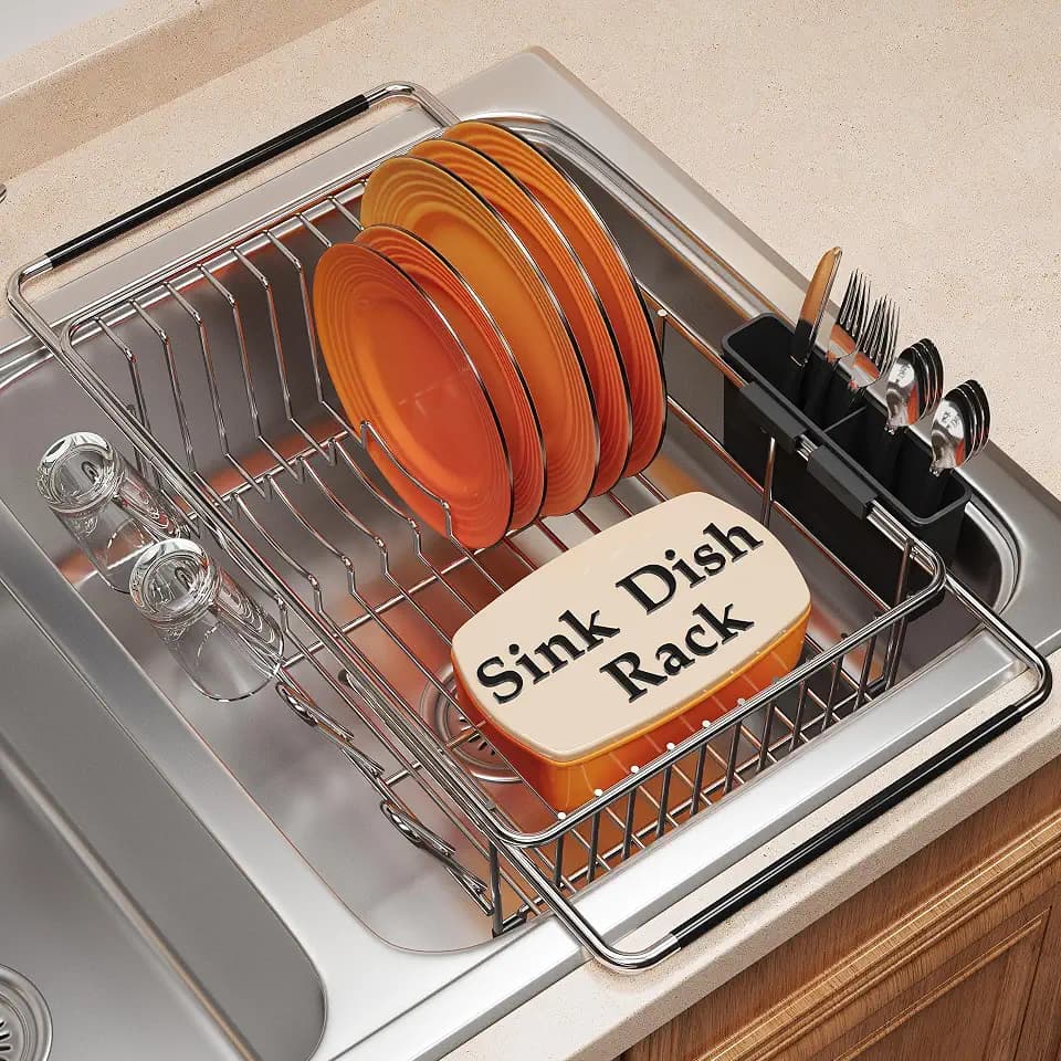 Over the Sink Expandable Dish Drainer Drying Rack In Stainless Steel for Small Kitchen, Counter Space Saving Modern Compact Metal Above Plate Dryer Strainer, Adjustable Hanging Inside Drain Holder