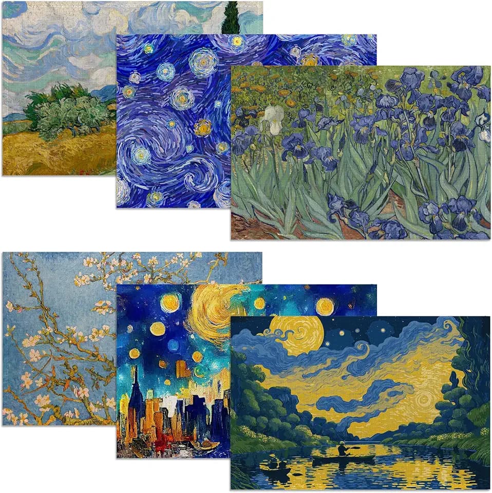 Van Gogh Style Watercolor Painting Placemats, 12 x 18 inch, Linen Table Runner Kitchen Dining Room Decor Holiday Decor Rustic Vintage Waterproof Washable Table Runner Set of 6