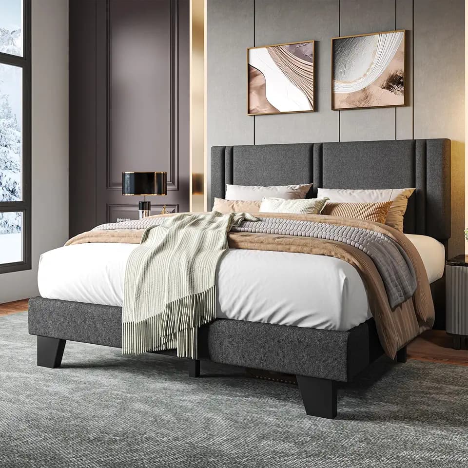 Einhomn Upholstered Full Size Bed Frame with Linen Fabric Headboard, Strong Wooden Slats Support, Noise Free, No Box Spring Needed, Dark Grey