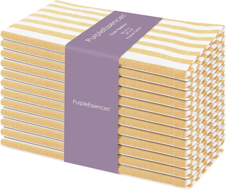 PurpleEssences Stripe Cloth Napkins 18x18 Inch - Golden Yellow & White