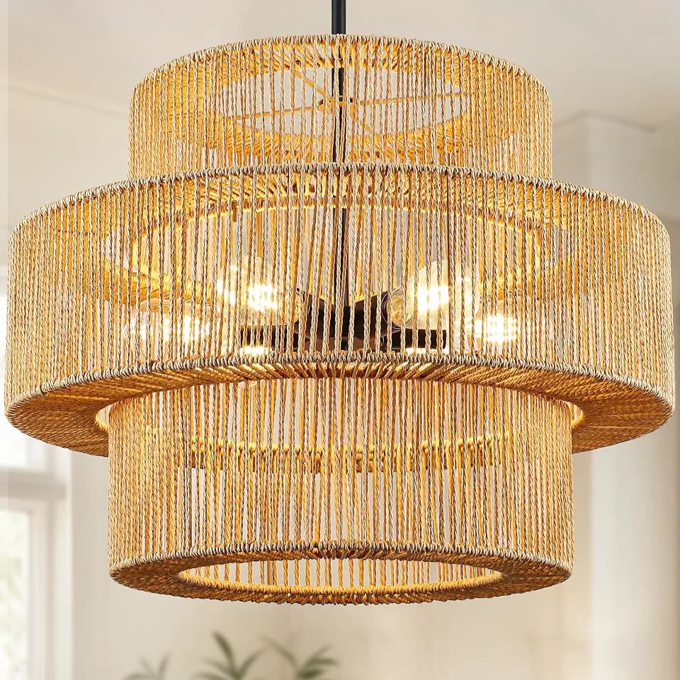 25.59" Large Hand-Woven Rattan Chandelier, 6 Lights Farmhouse Boho Chandelier Light Fixtures, Rustic Bamboo Wicker Chandeliers for Dining Room, Kitchen Island, Living Room, Stairway