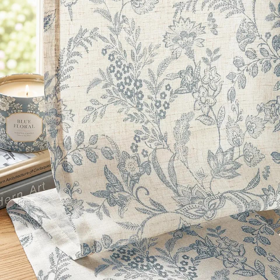 Lazzzy Blue Floral Linen Curtains Farmhouse Rod Pocket 50W X 90L 2 Panels