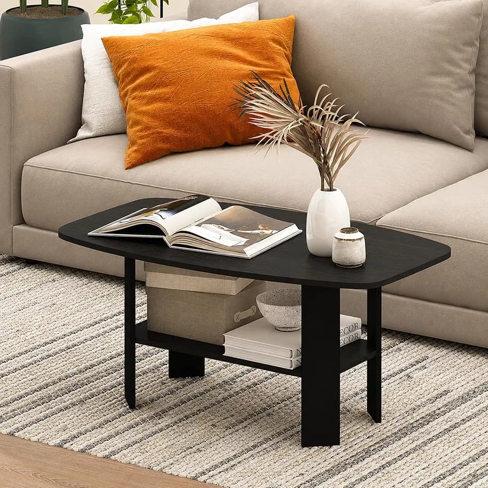 Furinno Simple 2-Tier Coffee Table, Black Center Table wih Open Shelf, Side Table Tabletop with Soft Edges, for Living Room, Home Office, Black Espresso