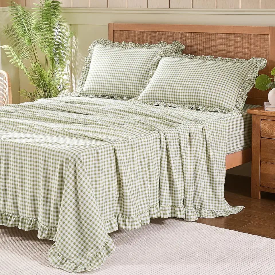 Gingham Full Sheet Set, Lightweight Super Soft Brushed Microfiber Plaid Bed Sheets with 16" Deep Pocket, 4 Piece Ruffle Farmhouse Bedroom Decor, Sage Green
