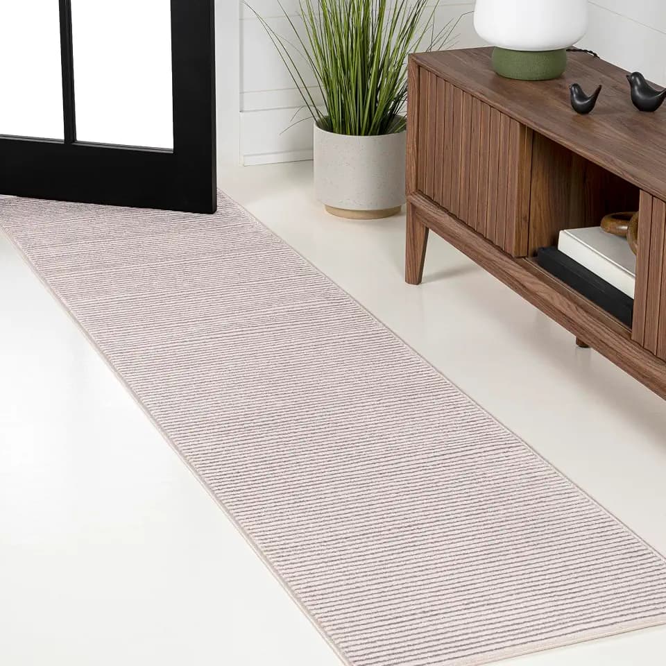 JONATHAN Y Cole Pinstripe High-Low Cream/Silver Runner Rug, 2x8, Modern, Minimalist, Easy-Cleaning for Living Room, Bedroom, Kitchen, Pet Friendly, Non-Shedding (CAR101A-28)