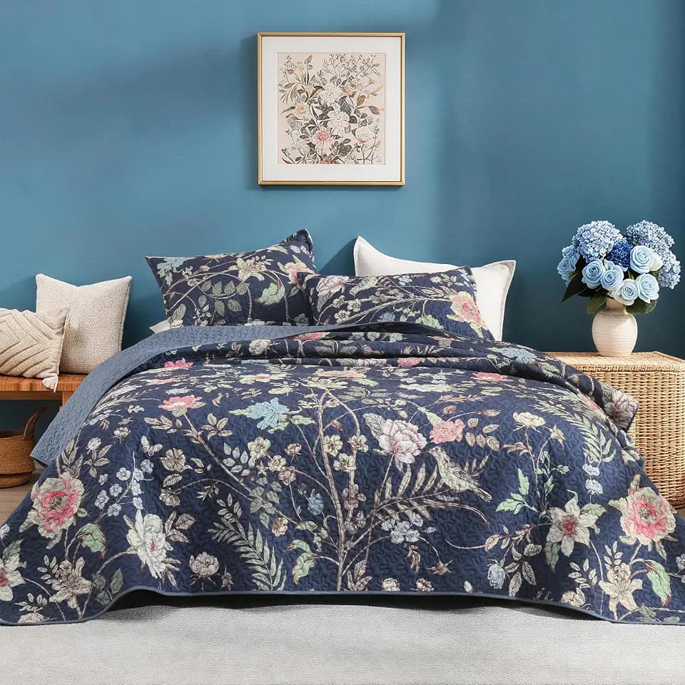 Litanika Floral Ocean Blue Quilt - 3Pcs Botanical Birds Pattren Bed