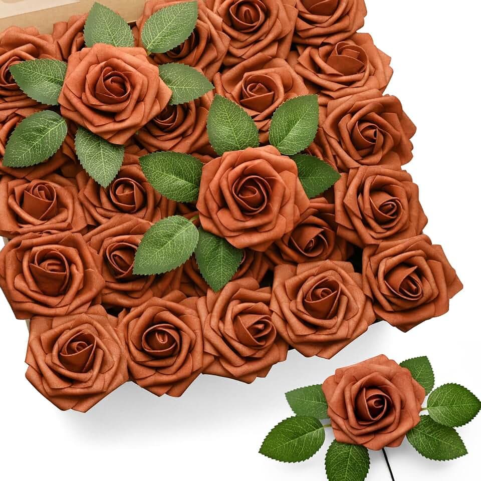 Mocoosy 50Pcs Burnt Orange Roses Artificial Flowers, Rust Fake Rose for Decoration, Real Touch Terracotta Foam Roses Bulk with Stems Wedding Bouquet Bridal Shower Centerpieces Arrangement Party Decor