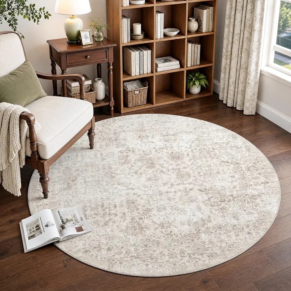 FMFUNCTEX 4ft Round Washable Beige Neutral Vintage Area Rug for Living Room