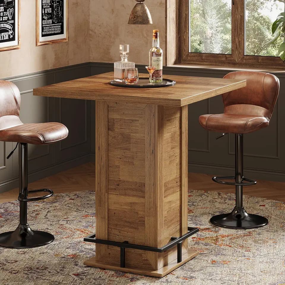 Tribesigns 39.4" H Square Bar Table, Industrial High Top Bistro Pub Cocktail Table with Metal Footrest for Kitchen Nook, Home Bar, Small Bars, Rustic Brown (Table Only)