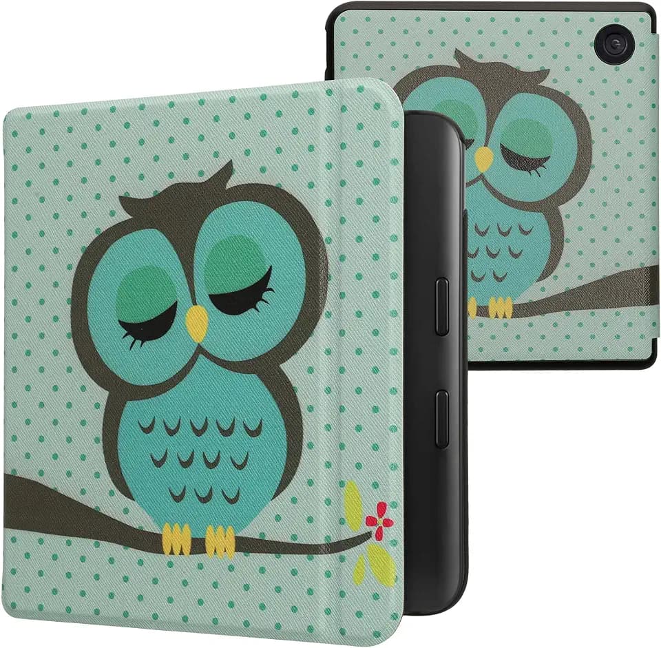 kwmobile Schutzhülle für Kobo Kobo Libra Colour/Tolino Vision Color Hülle - eReader Flip Case mit Auto Sleep Funktion - Eule Schlaf mit Türkis Braun Mintgrün