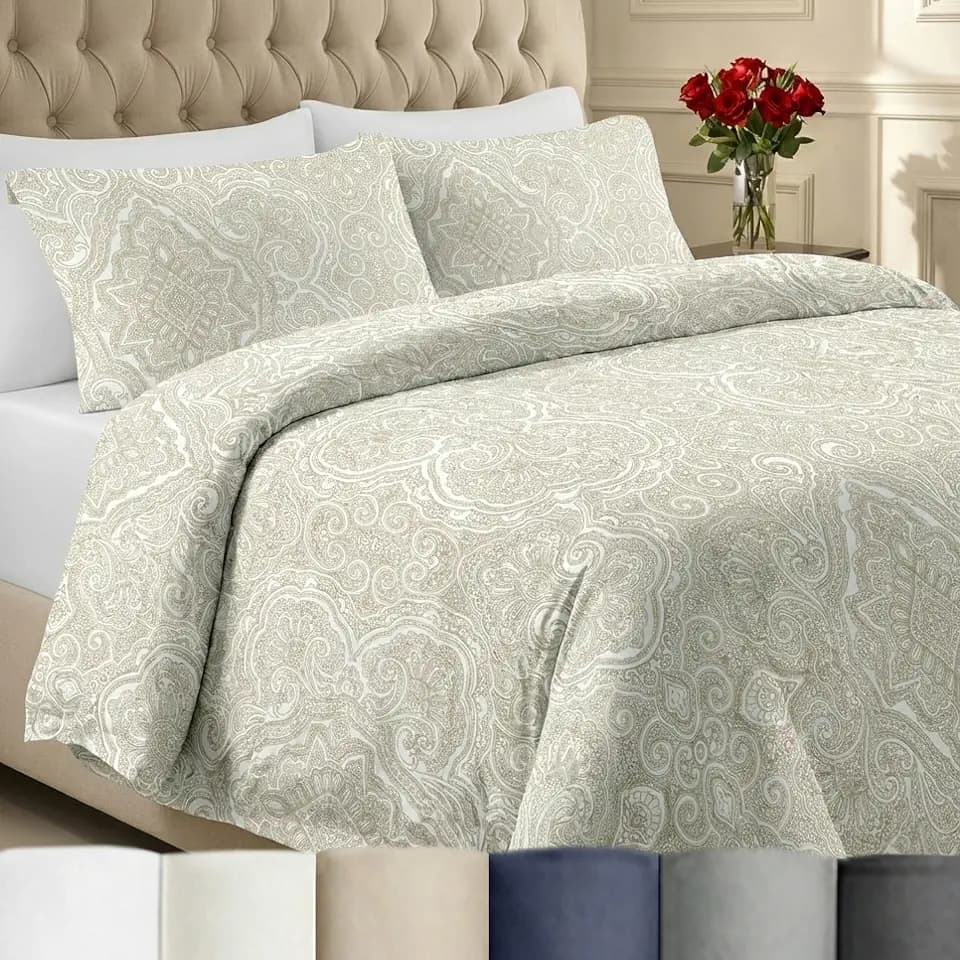 California Design Den Luxury King Size Duvet Cover Set, Paisley Beige Print