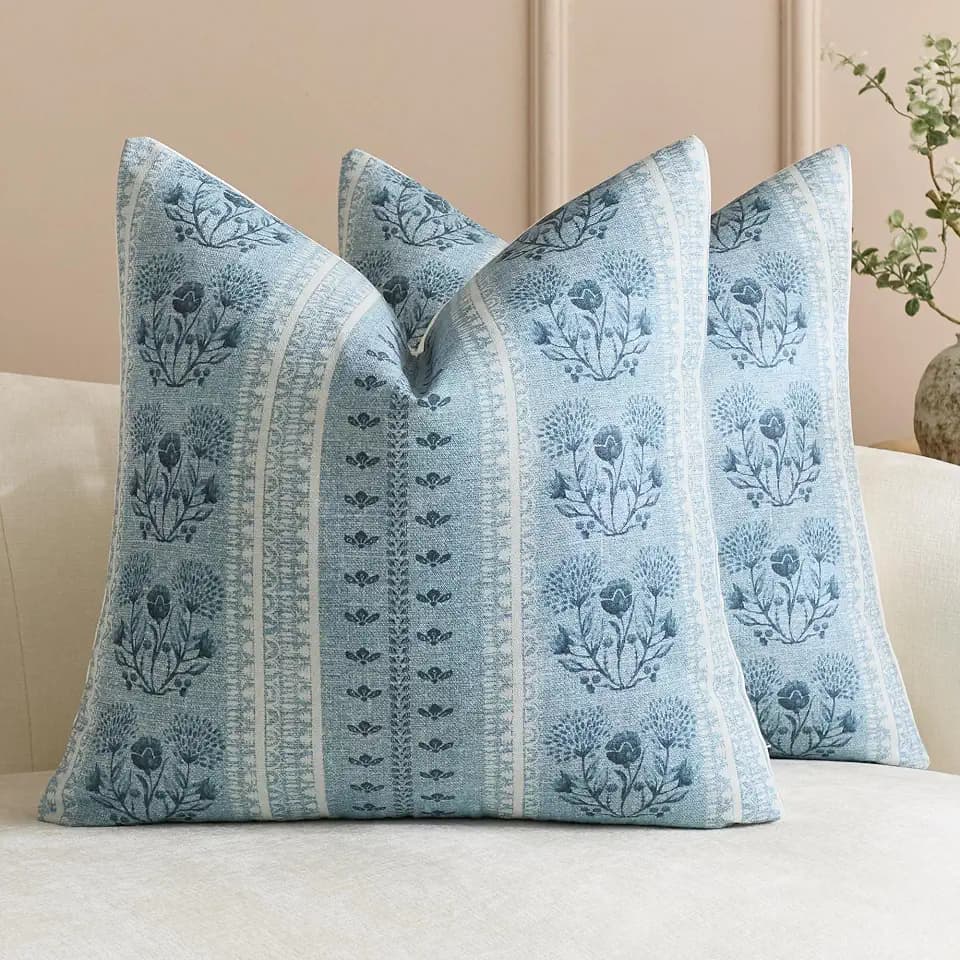 Striped Floral Indoor Outdoor Throw Pillow Covers 20x20 Set of 2, Waterproof Farmhouse Botanical Patterned Decorative Cushion Covers Modern Rustic Home Decor for Sofa Couch Living Room, Light Blue