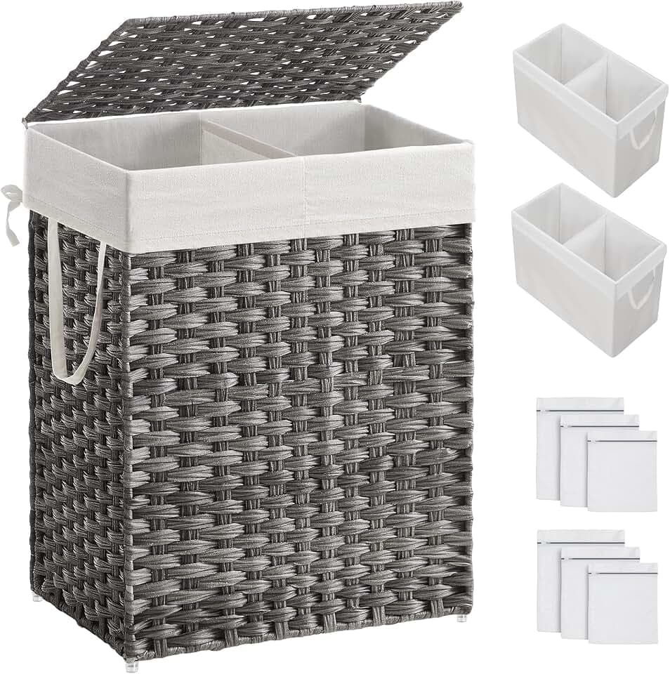 SONGMICS Laundry Hamper with Lid, 90L Double Wicker Basket, 6 Mesh Bags