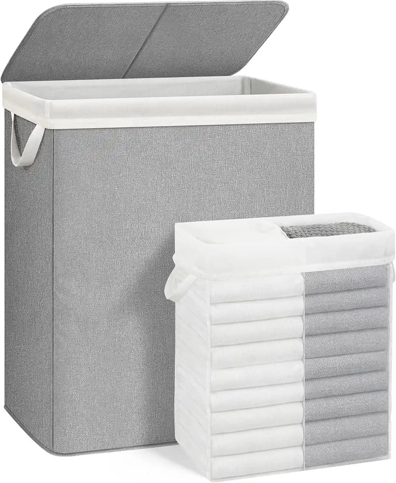STORAGE MANIAC Double Laundry Hamper with Lid, 140L Tall Metal Frame Laundry Baskets with Removeable Bag, Large Clothes Hamper with PU Tag, Laundry Bin for Dorm, Collage, Bathroom, Bedroom, Gray