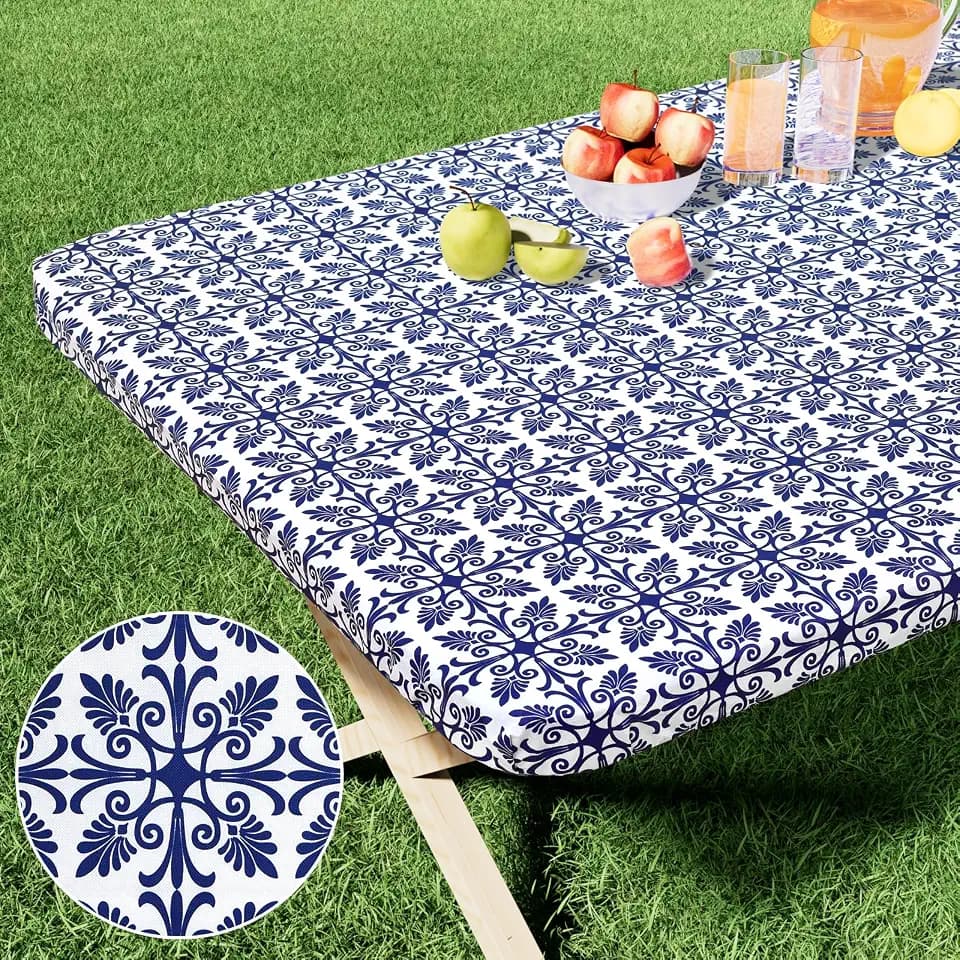 misaya Rectangle Vinyl Table Cloth, Elastic Fitted Flannel Backed Tablecloth, 100% Waterproof Plastic Table Cover Fits 4 Foot Folding Tables for Picnic, Camping, Outdoor (Navy, 24" x 48")