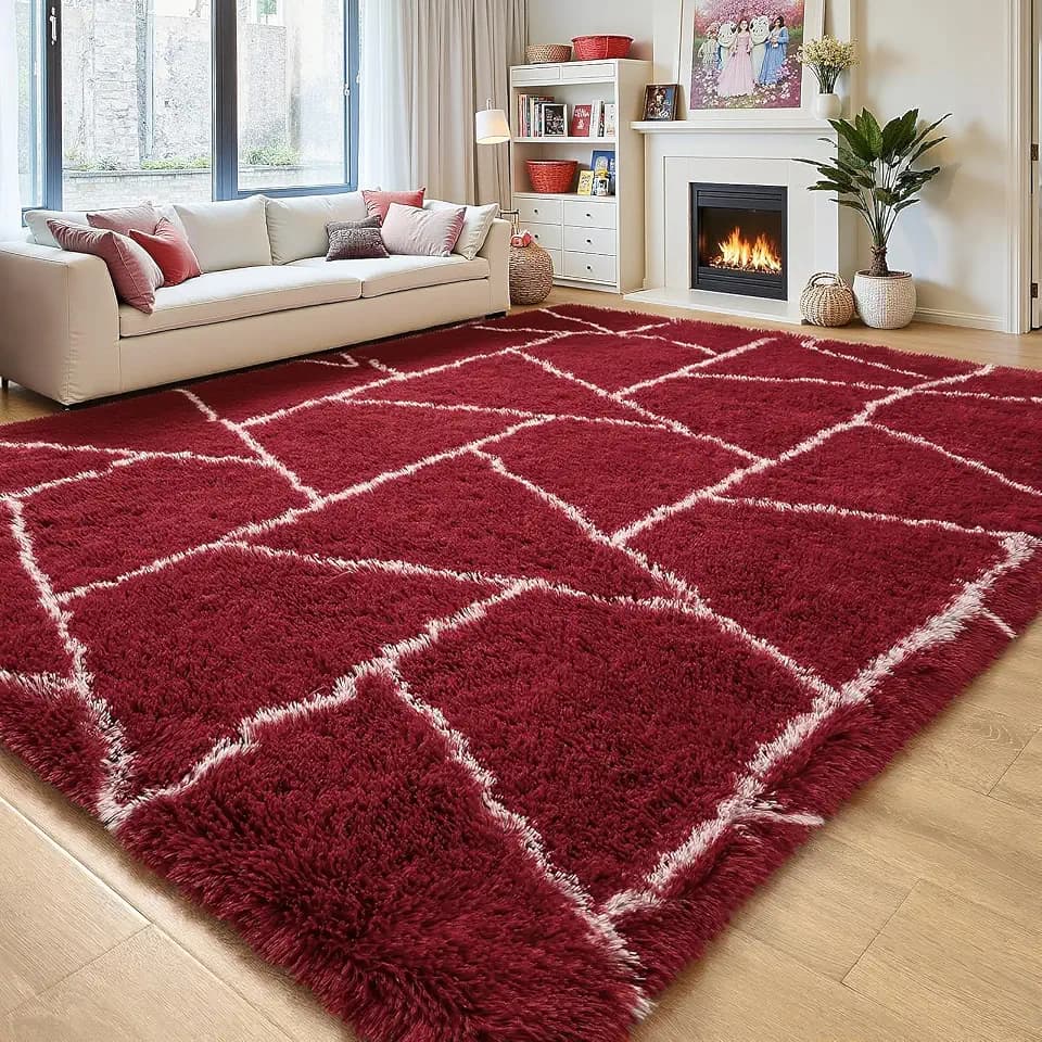 5x7 Fluffy Red White Area Rug Geometric