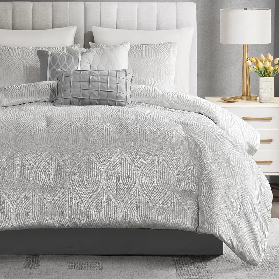 Madison Park Velvet Jacquard Grey King Comforter Set, 7pc