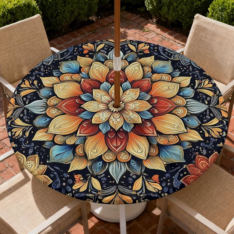 Round Outdoor Tablecloth with Umbrella Hole, Zippered Fitted Tablecloth with Elastic Edge, Waterproof Table Cloth Cover for Picnic Party Fits 45"-48" Round Table, Mandala