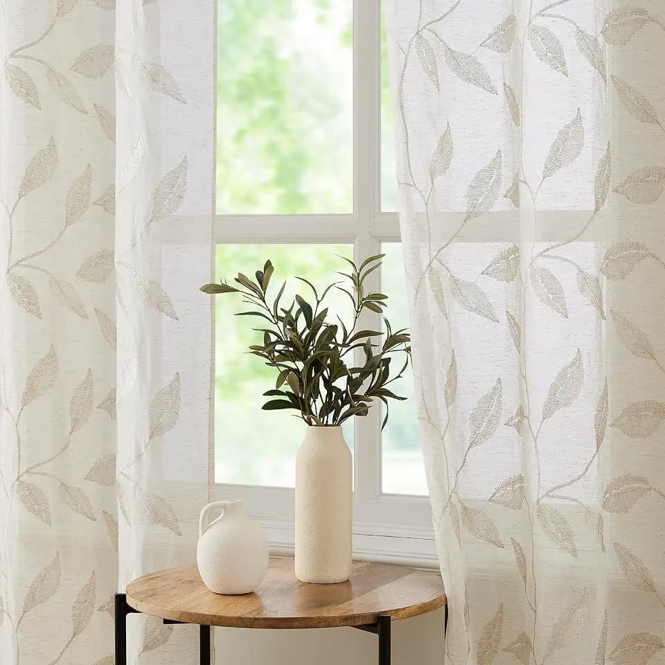Bujasso Embroidered Leaf Sheer Curtains, Natural 38" Wx84 Lx2