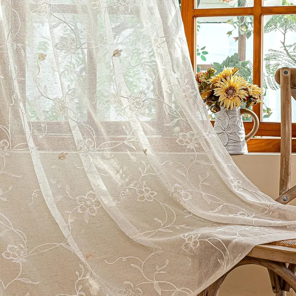 AmHoo 2 Panels Linen Floral Leaf Embroidered Semi Sheer Curtain Farmhouse Voile Curtains for Living Room Bedroom Window Treatment Beige 52 x 84 Inch
