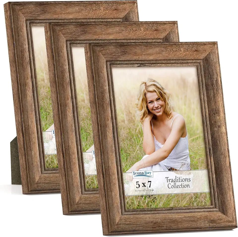 5x7 Picture Frames, Chestnut Brown, 3 PK, Rustic Wood Pattern, Traditions