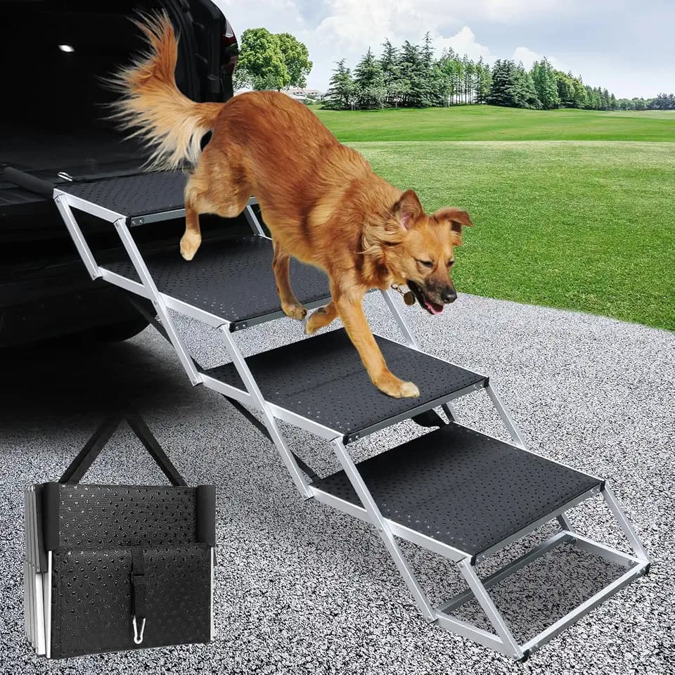 Hundetreppe Auto, 4 Stufen Hunderampe Auto klappbar, Einstiegshilfe Hund Auto für alle Fahrzeuge nutzbar, Höhenverstellbar, Belastbar bis 80 kg