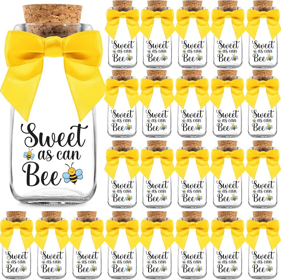 Ethisa Vintage 24 Pack Bee Party Favor Glass Bottles with Ribbons and Stickers - Classy Baby Shower and Birthday Souvenir for Guests and Table Centerpiece Decoration - Sweet as Can Bee Honey Candy Jar