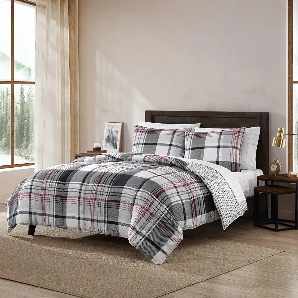 Eddie Bauer- King Duvet Cover Set, Reversible Microsuede Bedding Set with Matching Sham(s), Casual Home Décor (Normandy Plaid Black, King)