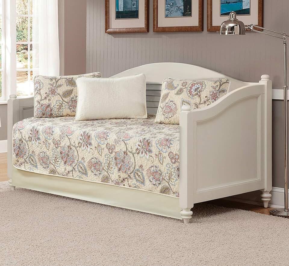 Home Collection 5pc Daybed Cover Bedspread Quilt Set Floral Beige Pink Blue Taupe Green Flowers Leaves New