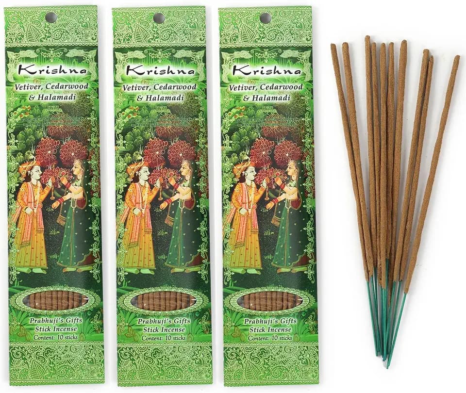 Prabhuji's Gifts Krishna Vetiver Hand-Rolled Incense Sticks - Spiritual Incense - Aromatic - for Meditation, Yoga, Relaxation, & Aromatherapy - Vetiver, Cedarwood, & Halamadi - 3 Packs pf 10 Sticks