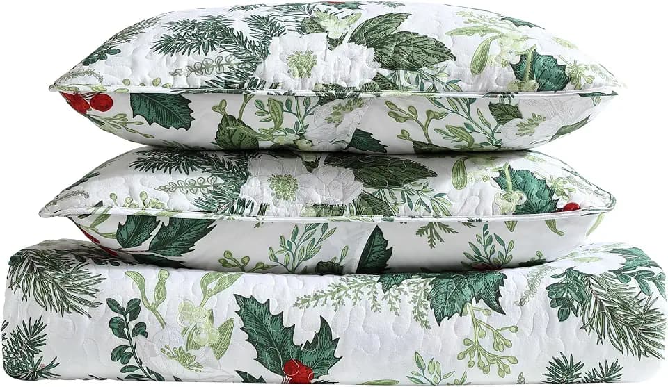 Full/Queen 3-Piece Lightweight Holiday Quilt Set, Green Bouquet