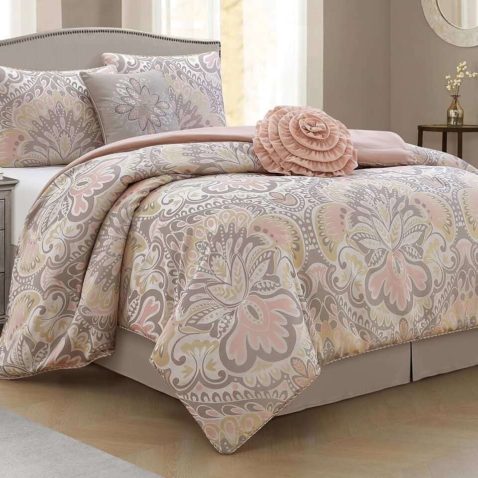 LANCO MODERN LIFESTYLE Blush 6 Piece Comforter Set, Queen, Elegant Floral Jacquard, Ultra Soft Bed Set for All Seasons, Bed in a Bag, Include Comforter, Bed Skirt, Pillow Shams & Decor Pillows