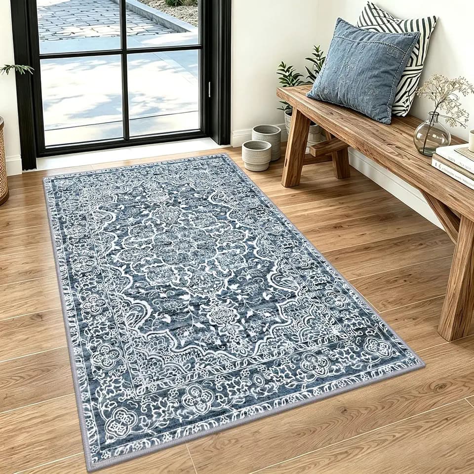 KUTA 3x5 Entryway Rug Washable Area Rugs Vintage Kitchen Rugs Blue White