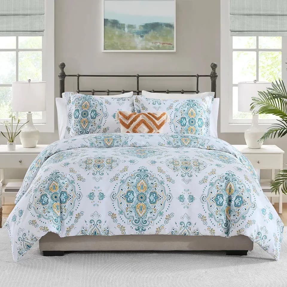 Damask Duvet Cover Set King Size, Maui Blue, 100% Cotton, 104"x90"