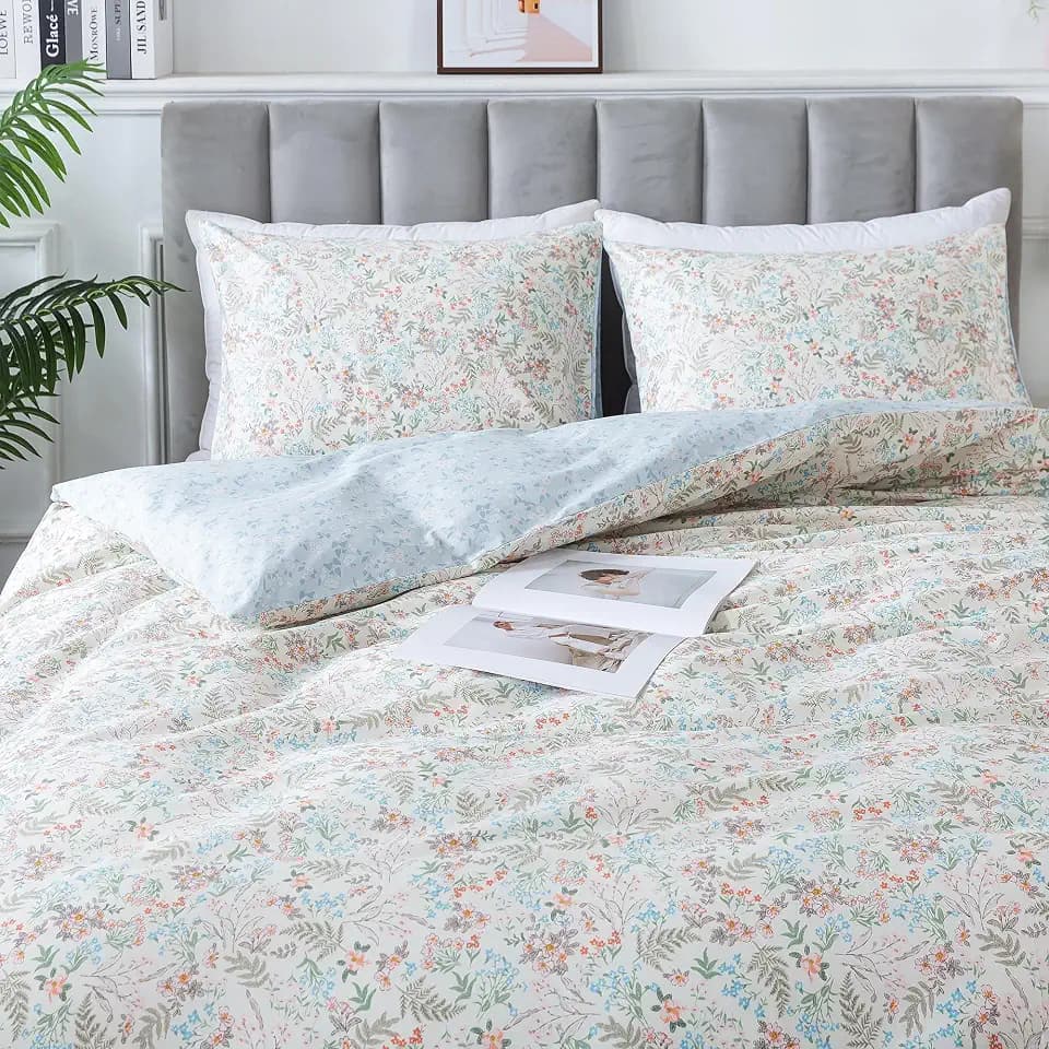 HoneiLife Wildflower Duvet Cover Queen - 100% Cotton Comforter Cover Sets, 3-PC Comfortable Floral Bedlinen Set, Botanical Duvet Cover with Zipper Closure & Corner Ties