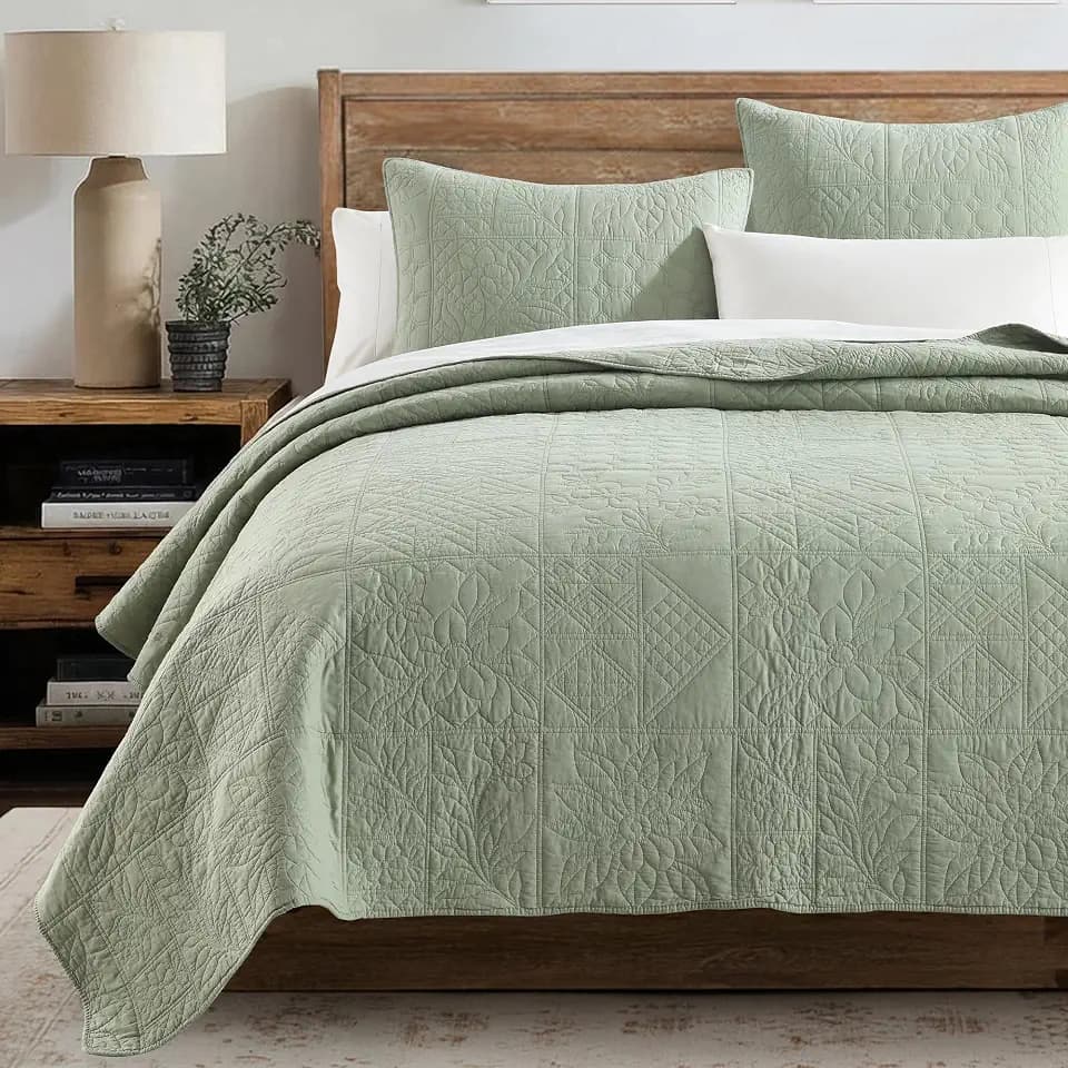 HORIMOTE HOME 100% Cotton Quilt Patchwork Twin Size, Sage Green Farmhouse Cotton Bedspread Coverlet, Pre-Washed Soft Breathable Lightweight All Season Bedding Set with 1 Pillowcase