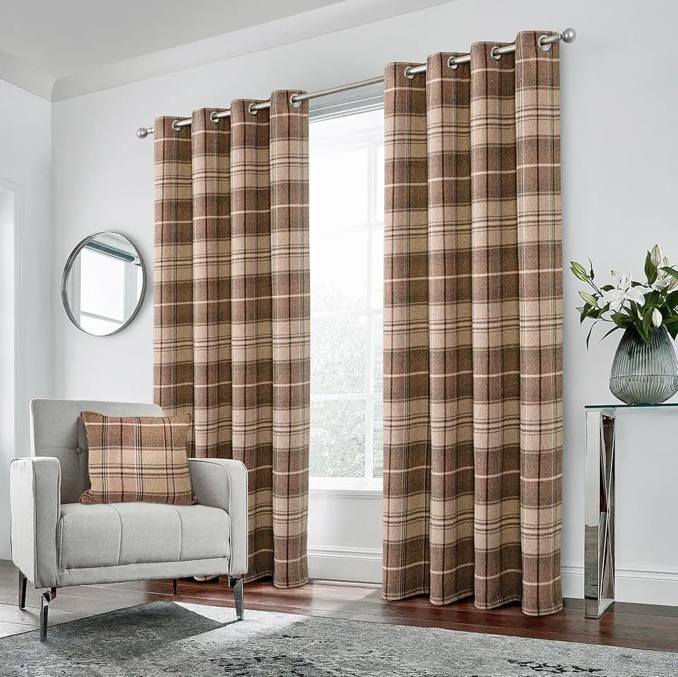 always4u 100% Blackout Woolen Look Plaid Curtains Modern Window Panels Checkered Tartan Curtains for Living Room Bedroom 2 Panels Light Coffee 45 * 95 Inches