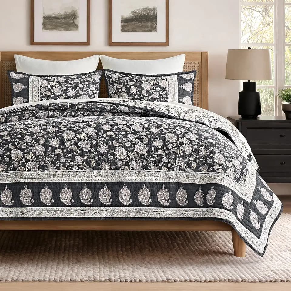 EverGrace 100% Cotton Floral Quilt Set, Queen Size, Dark Charcoal 92"×96"