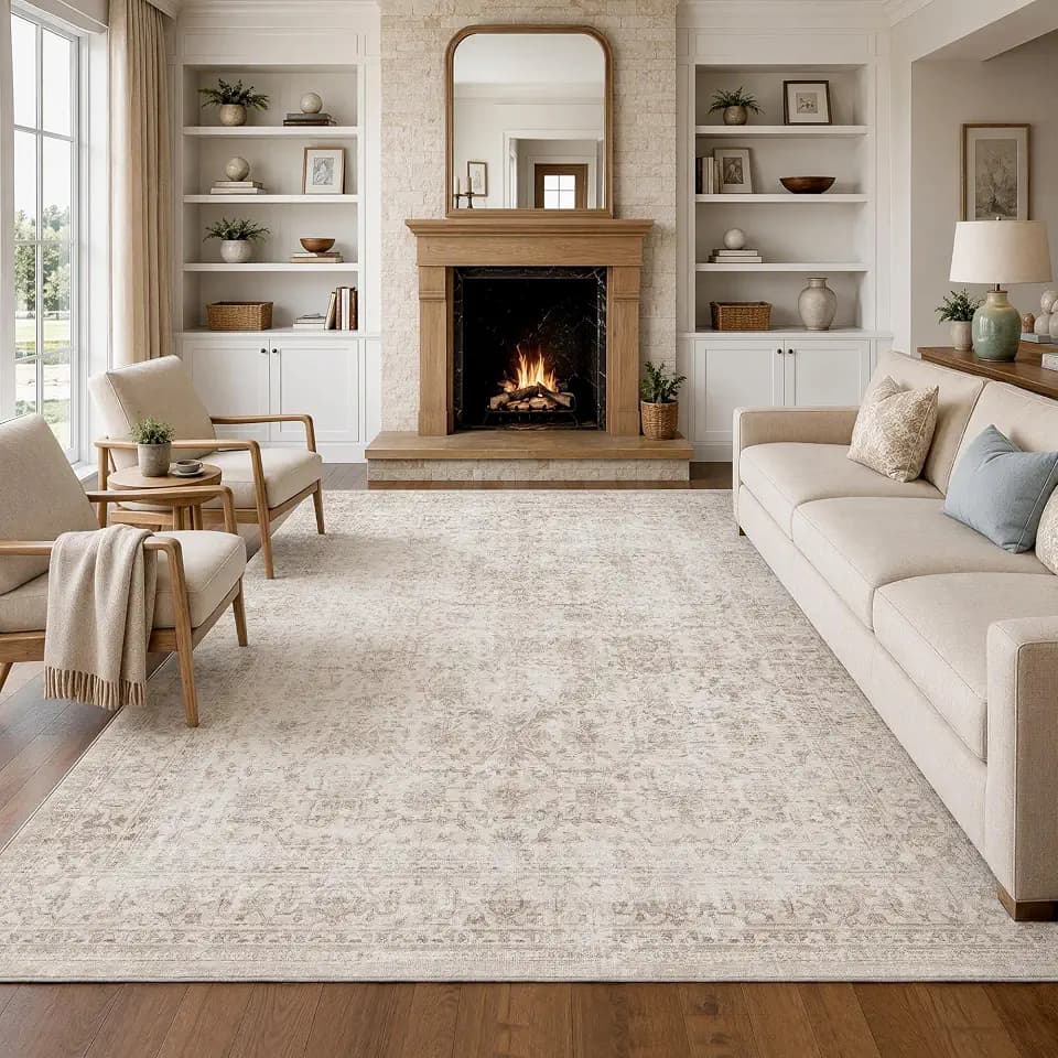 FMFUNCTEX 8x10 Washable Beige Neutral Vintage Large Living Room Area Rug