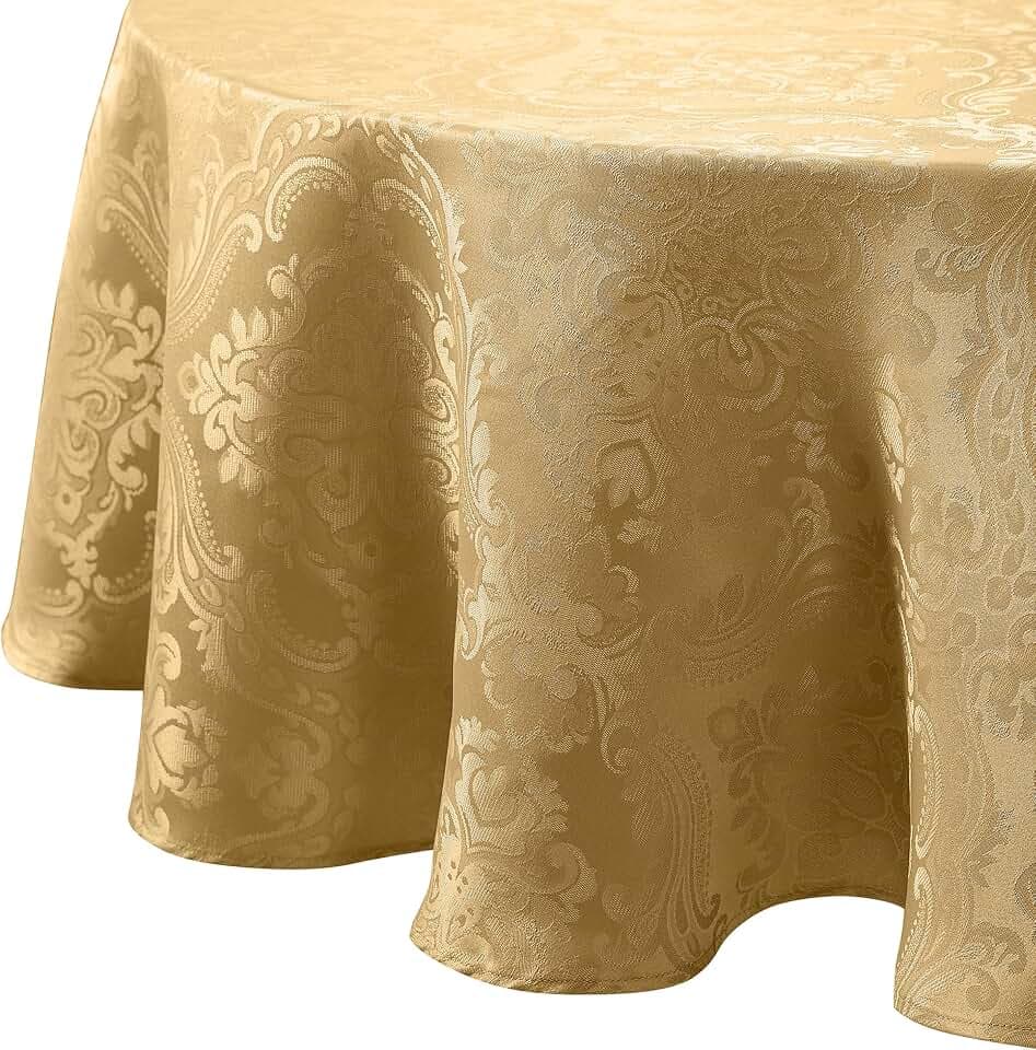 Caiden Elegance Damask Tablecloth, Gold - 90" W x 90" L Round