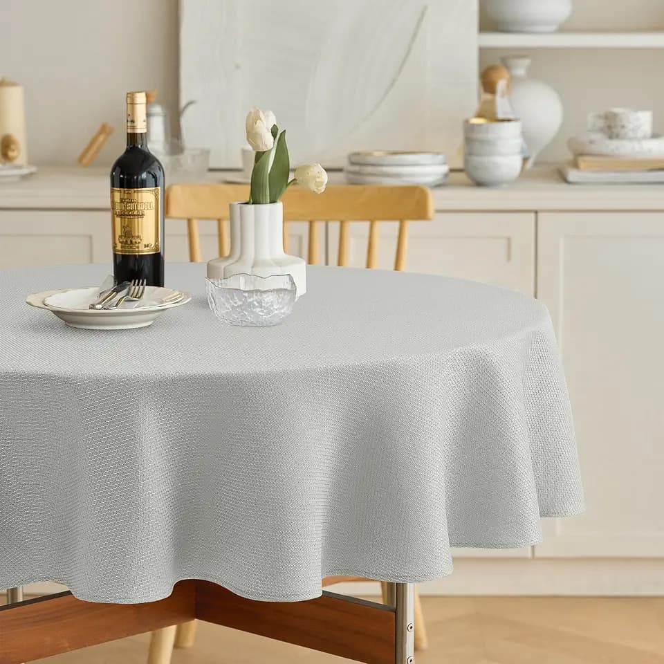 Decorelia Textured Fabric Round Tablecloths 48 inch, Waterproof Decorative Washable Texture Rustic Circle Table Cloth Cover for Dining Kitchen Party Farmhouse Outdoor(Round (2-4 Seats), Light Grey)