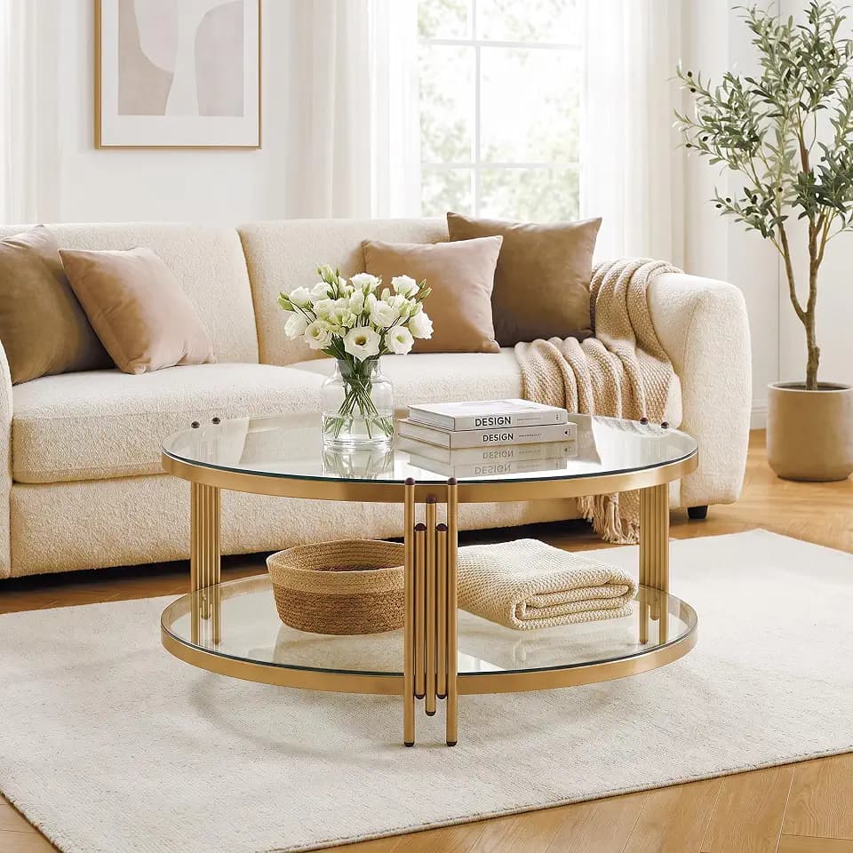 36" Round Glass Coffee Table,Gold Circle Coffee Table with Storage