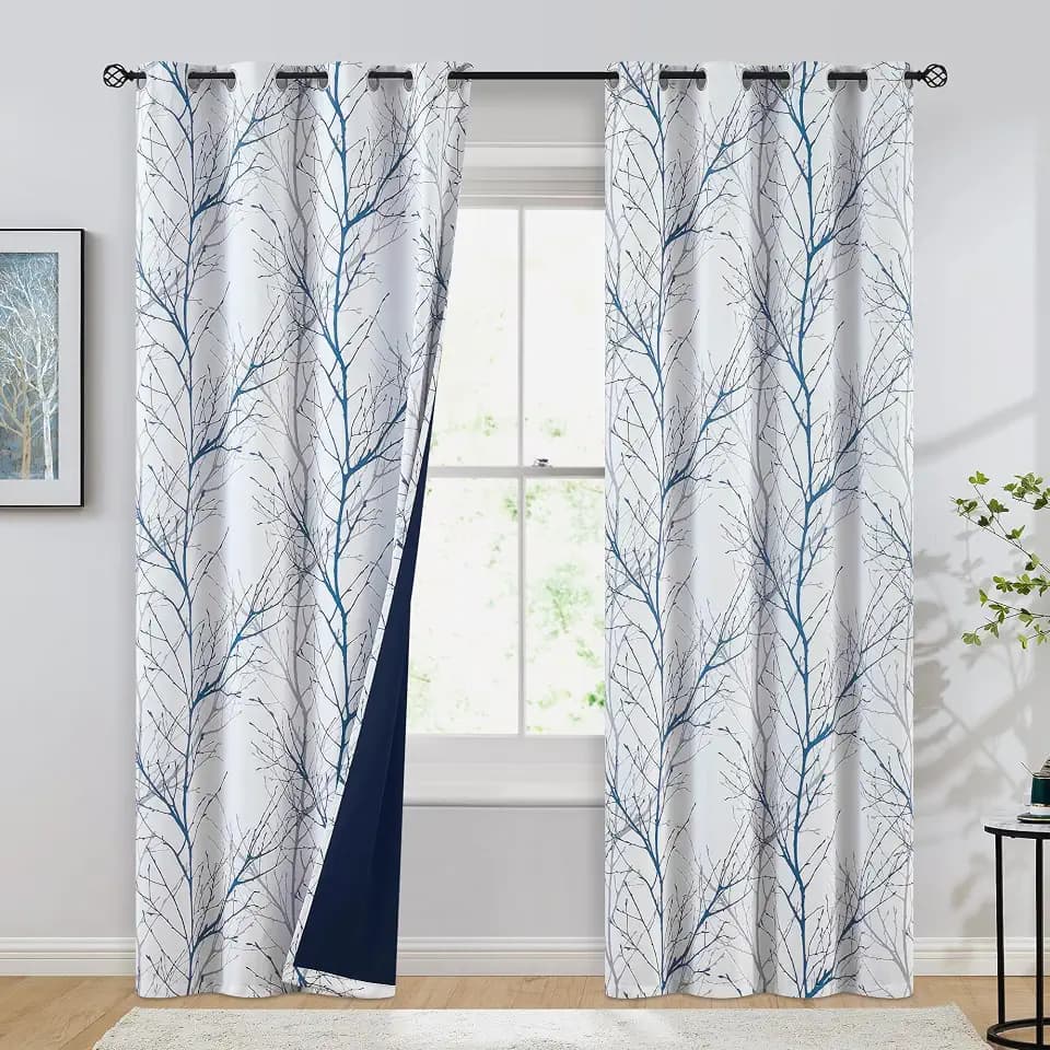 FMFUNCTEX 100% Blackout Blue Grey Tree Branch Curtains 108 Inch 2 Panels