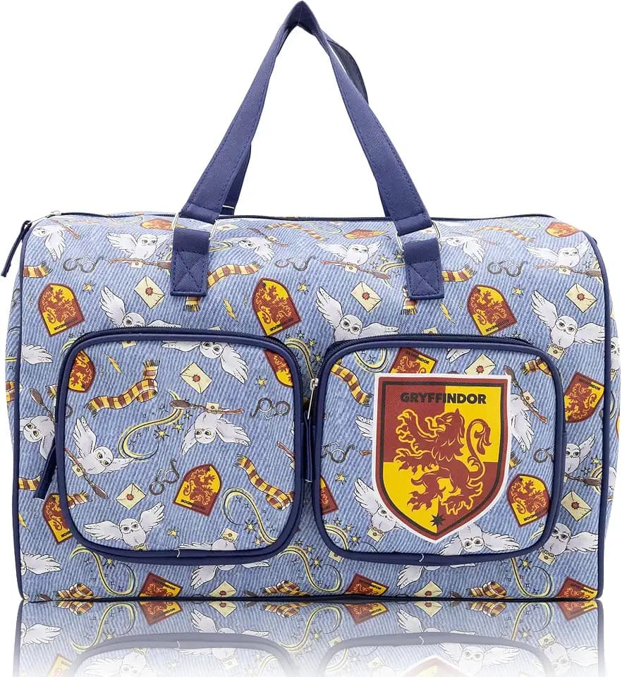 Harry Potter Gryffindor Duffle Bag | 20 Inch Blue Saffiano PU Leather Travel Overnighter, Weekender & Overnight Bag with Gryffindor Crest & Hedwig | Hogwarts Gifts for Women, Men & Adults