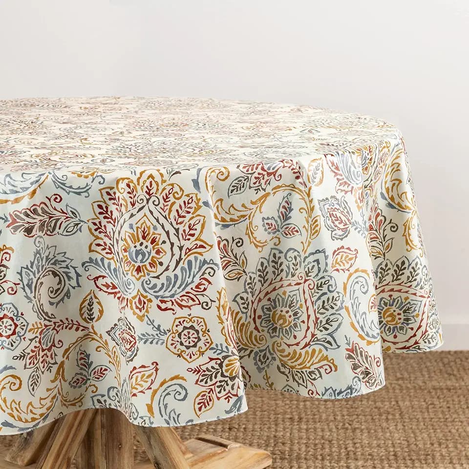 Elrene Home Fashions Ava Floral Jacobean Water- and Stain-Resistant Vinyl Tablecloth with Flannel Backing, 70 Inches X 70 Inches, Round