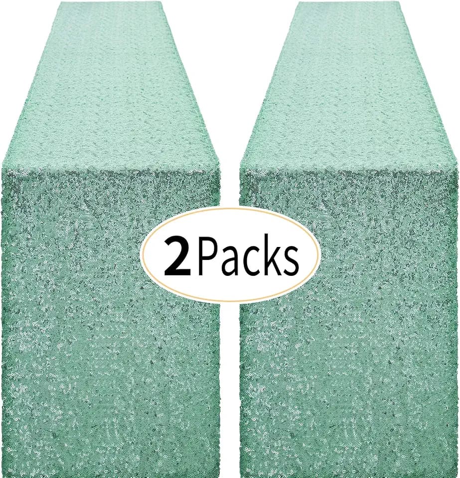 Pufogu 12 x 72 inches Mint Green Sequin Table Runner, 2 Packs